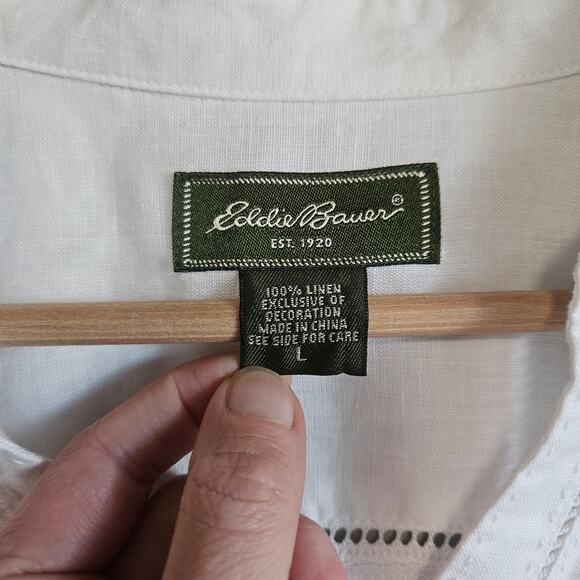 Eddie Bauer Top Womens L White Linen 3/4 Sleeve Button Down Eyelet Coastal Chic - Picture 3 of 8